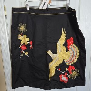 Zanzea Black Skirt with Gold Bird and Red Floral Embroidery